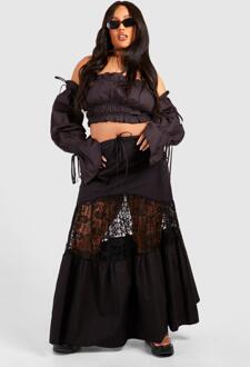 Plus Woven Lace Panel Maxi Skirt, Black - 16