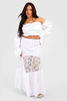 Plus Woven Lace Panel Maxi Skirt, White - 16