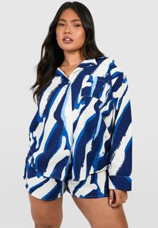Plus Woven Zebra Print Long Sleeve Shirt & Short Co-Ord, Blue - 28