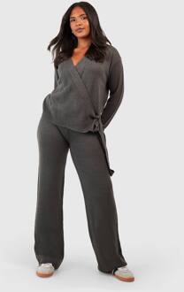 Plus Wrap Tie Side Sweater En Broek Co-Ord, Charcoal - 48-50