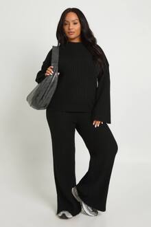 Plus Zachte Brei Dikke Rib Crew Neck Oversized Trui En Gebreide Broek Set, Black - 54