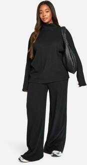 Plus Zachte Geribbelde Slouchy Trui & Broek Met Wijde Pijpen, Black - 54