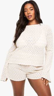 Plus Zig Zag Gebreide Tie-Front Strandtop, Beige - 48