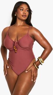 Plus Zwemkleding Met Kralen En Banddetail Vooraan, Chocolate - 54
