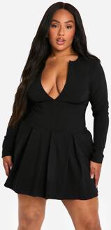 Plusmaat Lange Mouwen Jurk Met Korsetdetail, Diepe V-Hals En Geplooide Zoom, Black - 44