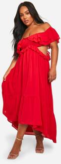 Plusmaat Ruffle Cold Shoulder Maxi Jurk, Red - 56