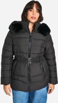 Pluspufferjack Met Nepbontaccent En Ceintuur, Black - 44