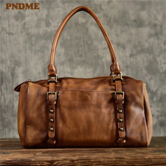 PNDME fashion casual luxury genuine leather men's handbag vintage designer handmade high-quality soft real cowhide shoulder bag