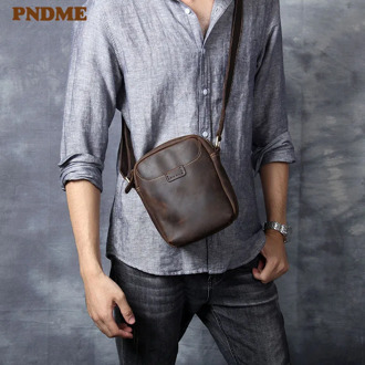 PNDME retro natural genuine leather men's small phone shoulder bag fashion casual crazy horse cowhide daily Mini messenger bag