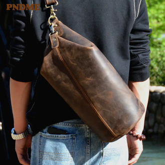 PNDME vintage cylinder design natural genuine leather men's chest bag fashion casual crazy horse cowhide shoulder crossbody bags