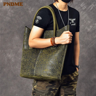 PNDME vintage designer handmade embossed genuine leather men's tote bag large capacity cowhide handbag work laptop shoulder bag