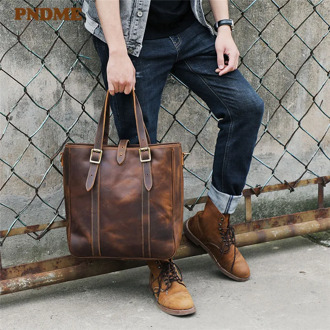 PNDME vintage large-capacity crazy horse cowhide men's tote bag natural genuine leather work handbag shoulder messenger bags