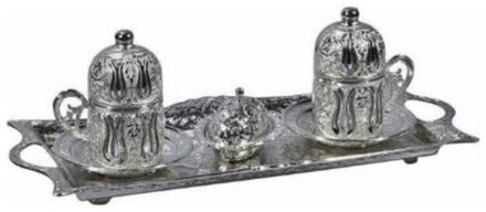Poef Gedessineerde Koffie Cup Set Voor 2 En 6 Persoon, Turkse Arabische Griekse Koffie, zilver Gekleurde Porcellain 90 Ml 2 person reeks
