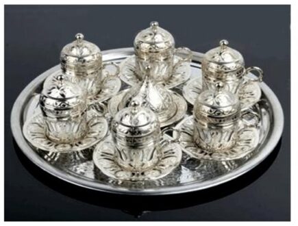 Poef Gedessineerde Koffie Cup Set Voor 2 En 6 Persoon, Turkse Arabische Griekse Koffie, zilver Gekleurde Porcellain 90 Ml 6 person reeks