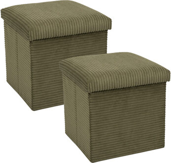 Poef/hocker - 2x - opbergbox - rib - groen - polyester - 38 x 38 cm