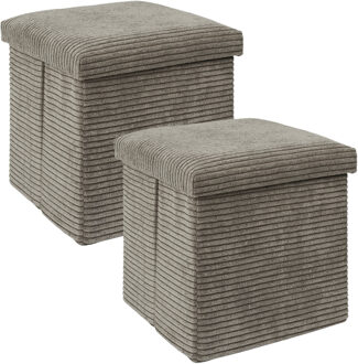 Poef/hocker - 2x - opbergbox - rib - taupe - polyester - 38 x 38 cm