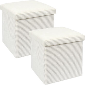 Poef/hocker - 2x - opbergbox - rib - wit - polyester/mdf - 38 x 38 cm