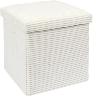 Poef/hocker - opbergbox - rib - wit - polyester/mdf - 38 x 38 cm