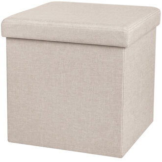Poef/hocker - opbergbox zit krukje - beige - linnen/mdf - 37 x 37 cm - opvouwbaar - Poefs