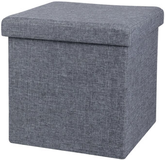 Poef/hocker - opbergbox zit krukje - grijs - linnen/mdf - 37 x 37 cm - opvouwbaar - Poefs
