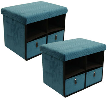 Poef/hocker opvouwbaar - 2x -2 laden - stof - opbergbox - groen - polyester/mdf - 38 x 50 cm