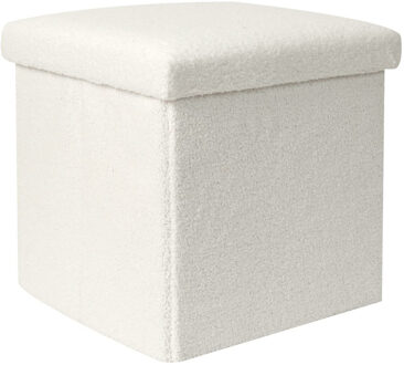 Poef/hocker opvouwbaar - boucl? stof - opbergbox - wit - polyester/mdf - 38 x 38 cm