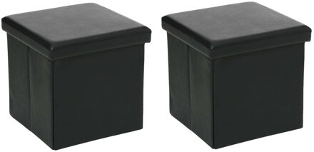 Poef/Hocker/voetenbankje - 2x - opbergbox - zwart - pvc/mdf - 38 x 38 cm - Poefs