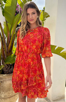 Pofmouw Ruffle Jurk Flower Koraal Koraalrood