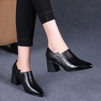 Pointed toe Mid Heels Women 2020 Autumn Single Shoes Woman Soft PU leather Shoe Square Heel Female Korea Style Side Zip Black