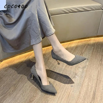 Pointed Toe Shoes Women's Fine With 2020 Autumn New Houndstooth Scoop Shoes Fashion French Girl High Heel Tide