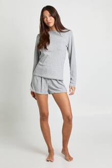 Pointelle Lange Mouwen Top En Korte Pyjama Set, Grey Marl - 40