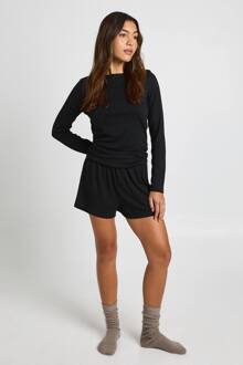 Pointelle Pyjama-Set Met Top Met Lange Mouwen & Shorts, Black - 42