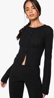 Pointelle Top Met Knoopdoorloop En Lange Mouwen, Black - 40