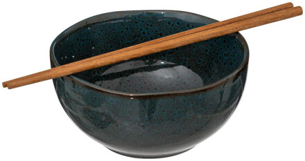 Pokebowl/noedels servies - 2x stuks kommetjes met chopsticks - kunststeen - jade groen