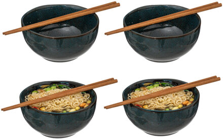 Pokebowl/noedels servies - 4x stuks kommetjes met chopsticks - kunststeen - jade groen