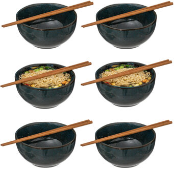 Pokebowl/noedels servies - 6x stuks kommetjes met chopsticks - kunststeen - jade groen