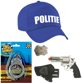 Politie verkleed cap/pet blauw met pistool/holster/badge/handboeien voor kinderen - Verkleedhoofddeksels