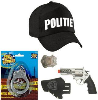 Politie verkleed cap/pet zwart met pistool/holster/badge voor kinderen - Verkleedhoofddeksels