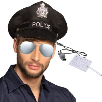 Politie verkleed setje - pet - bonnenboekje - fluitje - zonnebril - Carnaval