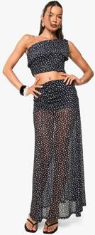 Polka Dot Mesh Geruched Maxi Rok, Black - 34