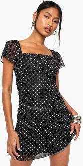 Polka Dot Mesh Ruffle Mini Jurk, Black - 44