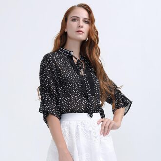 Polka dots tulpen mouwen chiffon blouse Zwart - XS