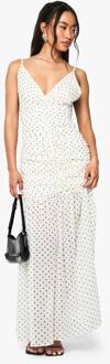 Polkadot Geruched Diepe V-Hals Maxi-Jurk, Cream - 38