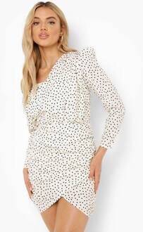 Polkadot Ruched Asymmetrische Jurk, White - 38