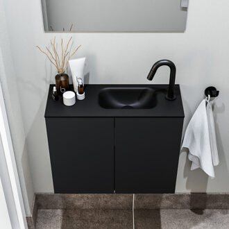 Polly toiletmeubel 60cm mat zwart met zwarte wastafel met kraangat rechts