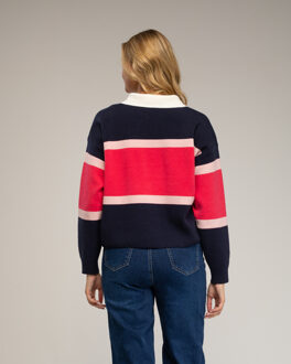 Polo-achtige gebreide trui met horizontale strepen - maat One Size Navy/rood