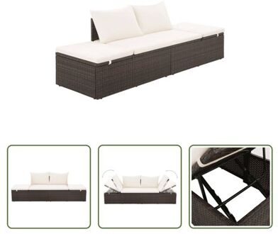 Poly Rattan Loungebed - Bruin/Crèmewit - 195 x 60 x 60 cm - Verstelbaar - Incl - Kussens