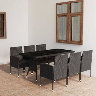 Poly Rattan Tuinset - 170x80x74cm - Zwart - 1 tafel - 6 stoelen - 6 zitkussens