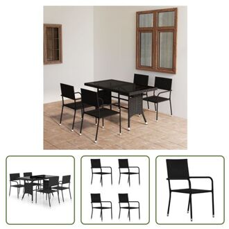 Poly Rattan Tuinset - Eettafel en stoelen - PE-rattan - Stalen frame - Glas tafelblad - Lichtgewicht Zwart