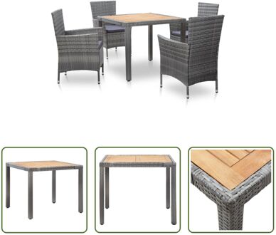 Poly Rattan Tuinset - Grijs - Eettafel met Acaciahouten Blad - 90x90x75 cm - Inclusief 4 Stoelen en